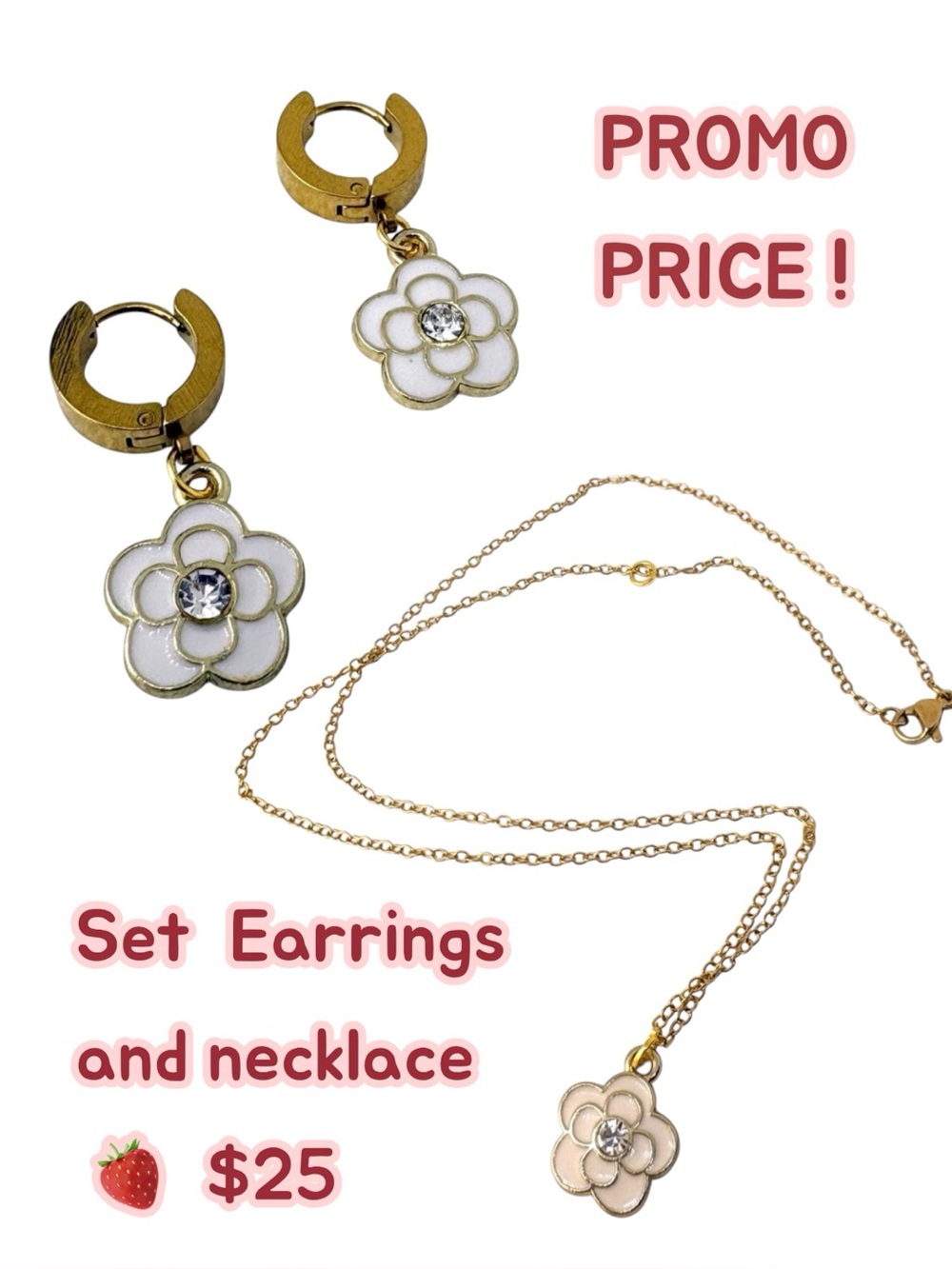 White Camellia Earrings & Necklace Set Gold Stainless Steel Hypoallergenic